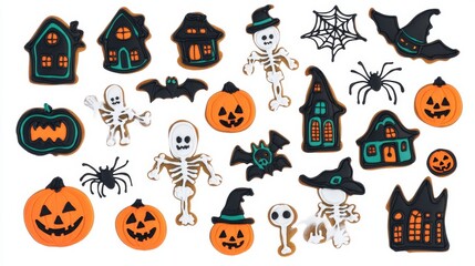 Obraz premium 56.A diverse collection of Halloween-themed gingerbread cookies in the shapes of pumpkins, skeletons, Jack-o'-Lanterns, haunted houses, witches, and spiders with cobwebs, isolated on a white