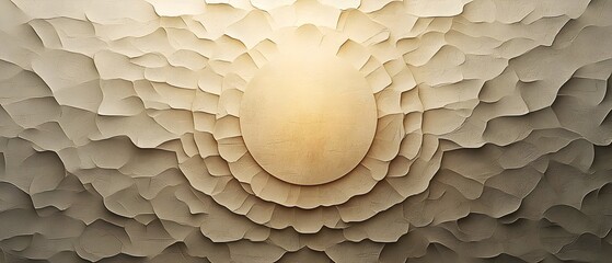 An abstract design featuring a central circular shape surrounded by layered textures, creating a warm and inviting atmosphere. The soft beige tones add depth and interest.