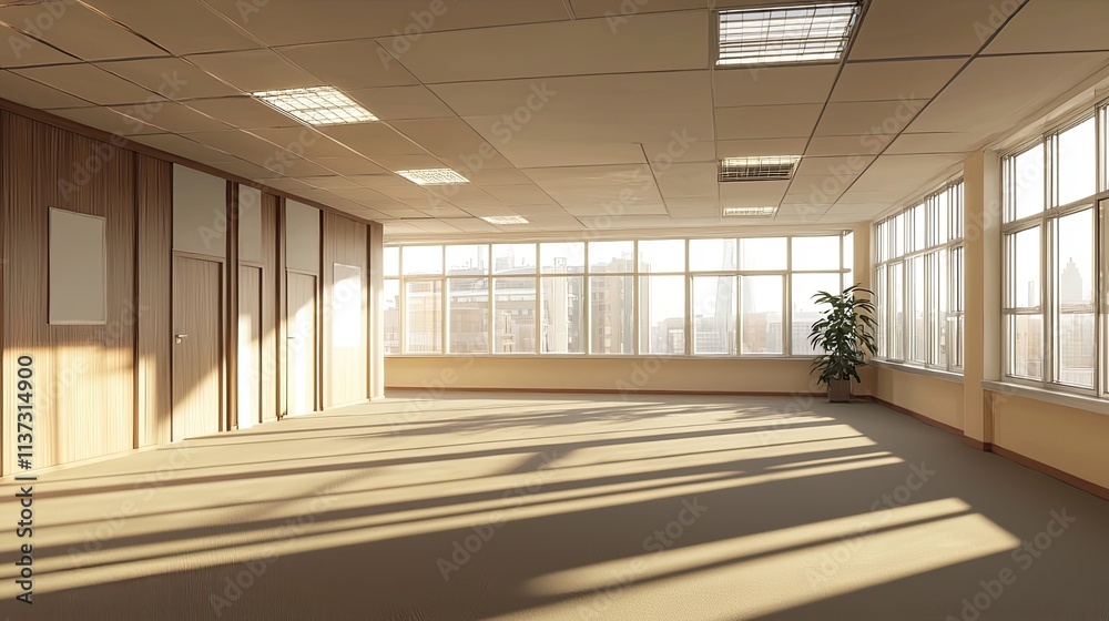 Poster bright and spacious office interior showcasing large windows with soft natural lighting, creating a 
