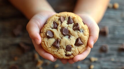 9.Small hands grasp a golden chocolate chip cookie with chocolate chunks melting slightly onto her fingers, emphasizing the freshness and warmth. Set on a rustic wooden background, the image captures