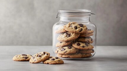 28.A large glass cookie jar with a tight-fitting lid, filled with stacks of chocolate chip cookies with visible chocolate chunks and slightly uneven, handmade edges. The jar is centered on a neutral
