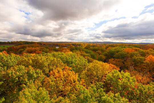 View from Holden Arboretum Overlook during fall with view over "Tree City" Cleveland including heavy cloud cover. 
