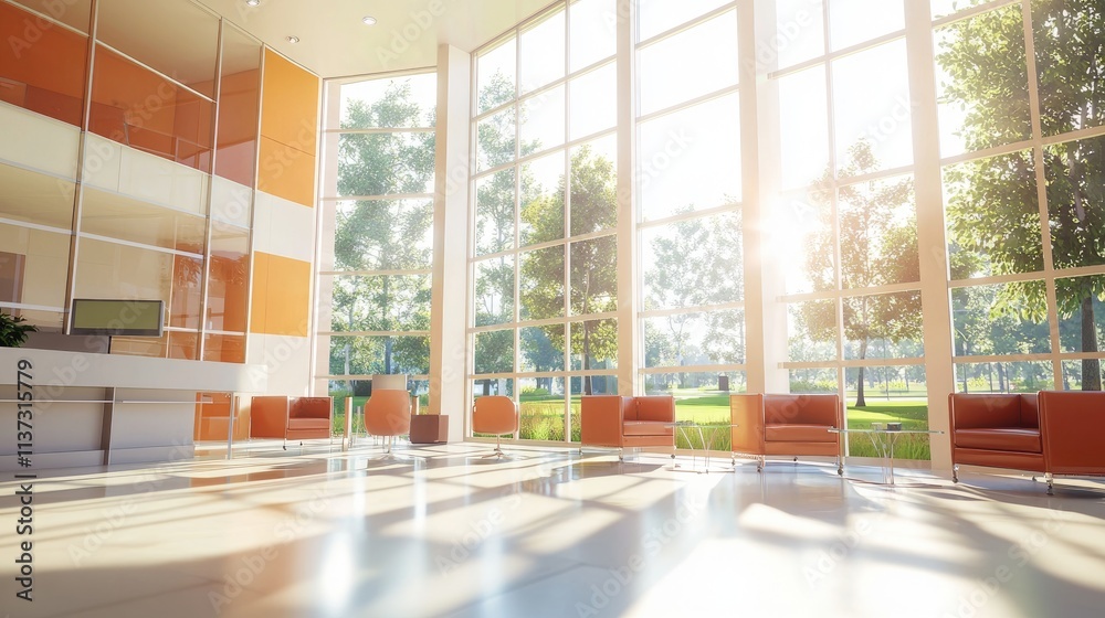 Poster bright and spacious office interior showcasing large windows with soft natural lighting, creating a 