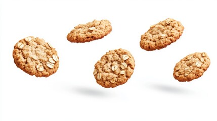 16.Several oatmeal cookies captured mid-air on a white background, each cookie tumbling with oats visible, as if floating weightlessly. The isolated white background emphasizes each cookie&acirc;&euro;&trade;s texture