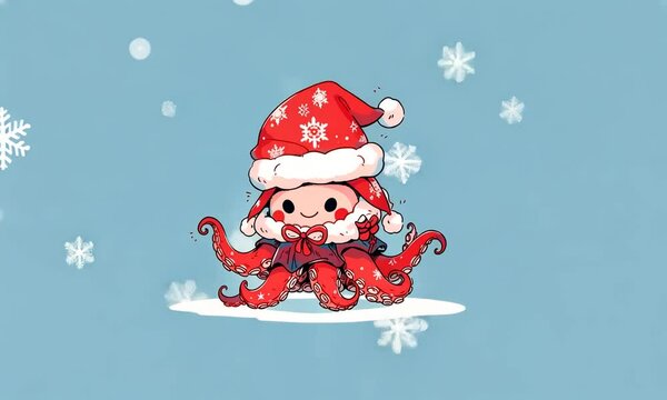 Pieuvre chibi kawaii dansant avec bonnet de No&euml;l rouge et neige tombante, ambiance enfantine festive et joyeuse sur fond bleu avec &eacute;toiles de neige