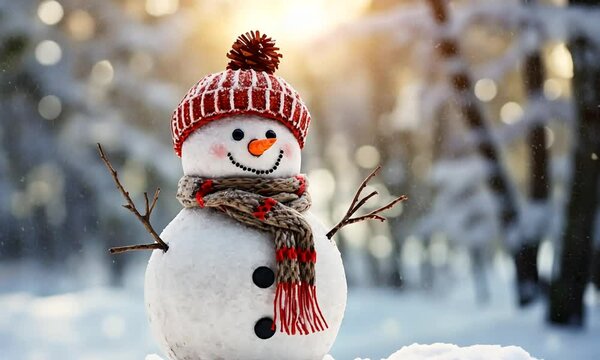 Bonhomme de neige qui danse avec bonnet rouge et &eacute;charpe &agrave; carreaux dans une for&ecirc;t enneig&eacute;e, ambiance festive pour No&euml;l et l'hiver