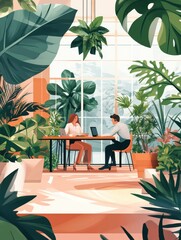 Business people working in modern eco-friendly office with plants and flowers. Biophilic design room, eco-friendly workspace, green office concept. Pinkish coral bluevector isolated illustration