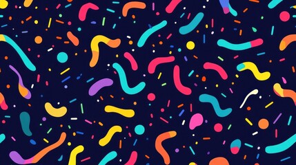A vibrant, colorful abstract pattern with playful shapes and dots on a dark background.