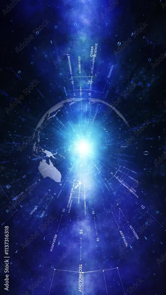 Wall mural artificial intelligence science word cloud with earth globe vertical animation.