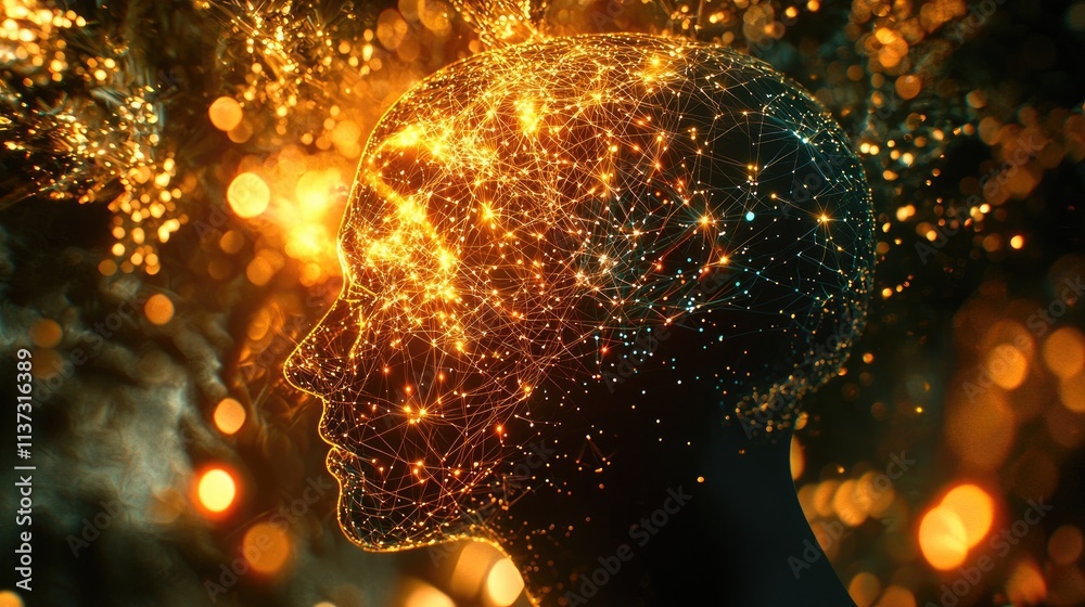 Poster This abstract image features a human head silhouette filled with glowing data connections, representing the concepts of artificial intelligence and digital innovation.