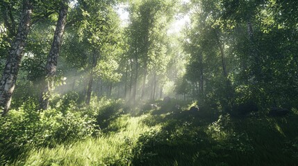 Obraz premium A picturesque forest scene showcasing sunlight streaming through tall trees, illuminating lush green foliage and creating a tranquil atmosphere perfect for nature lovers.