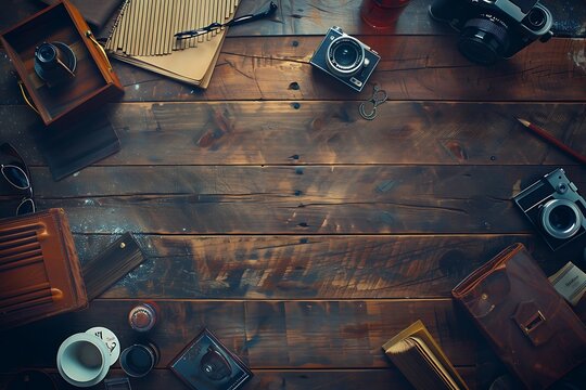 Top view of photographer workspace with laptop, notebook and coffee cup on wooden background - Powered by Adobe
