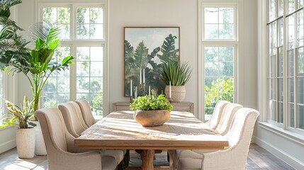 Obraz premium This bright and airy dining room features a wooden table, stylish chairs, and nature-inspired artwork. Sunlight streams through large windows, creating a cozy and invitin
