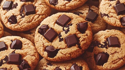 Fototapeta premium 71.A close-up vector illustration of golden American chocolate chip cookies with soft, rounded edges, each cookie dotted with large chocolate chunks. The cookies are set on a bright white background,