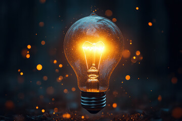 Glowing lightbulb in a dark forest with fireflies.