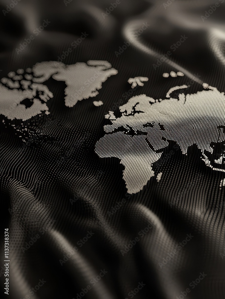 Poster digital dots world map on dark background. ai and interactive concept. 3d rendering
