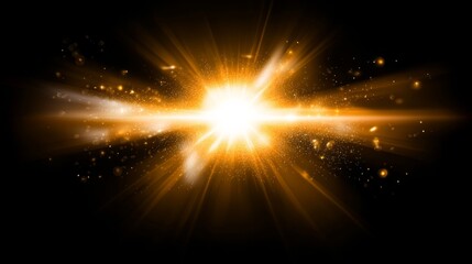 Obraz premium Bright Yellow Sun Illustration with Radiating Rays and Starburst Effect on Black Background, Energetic and Dynamic Concept