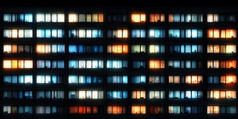 Fototapeta premium Tall Glass Building with Colorful Windows Reflecting Light in a Dark Mysterious Setting - Abstract Architectural Design
