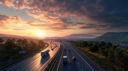 A stunning view of a busy highway during sunset showcases vehicles traveling along a flowing road, framed by lush landscapes and vibrant skies, capturing the essence of e