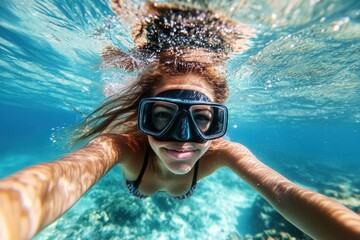 Fototapeta premium Woman snorkeling underwater selfie, hair flowing. Perfect for travel, adventure, and summer blogs.