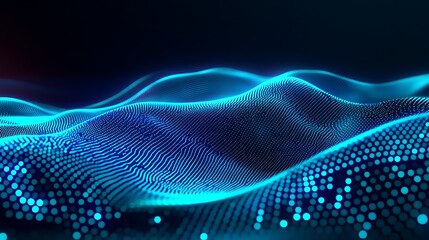 Abstract blue glowing waves with dots creating a digital landscape in dark background for technology concepts