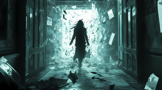 Ghostly figure surrounded by shattered glass and floating debris, poltergeist chaos in a dimly lit room, supernatural power. Shattered. Illustration