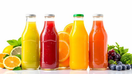 Juice and fruits on white background
