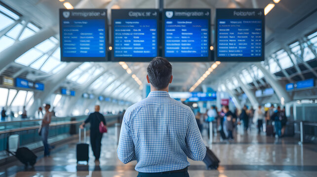 Man standing at airport terminal, gazing at large digital screen showing immigration policies, amidst bustling crowd and luggage, highlighting importance of travel regulations and border control infor