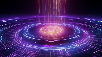 Abstract digital background with vibrant neon lines and glowing circular patterns creating a futuristic atmosphere