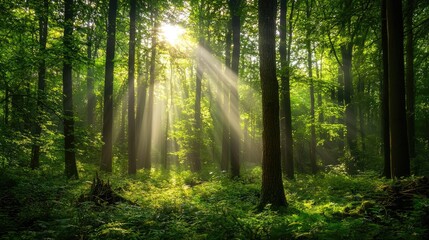 Obraz premium A serene forest scene showcasing sunlight filtering through lush green trees, highlighting the vibrant foliage and peaceful atmosphere of the natural environment.
