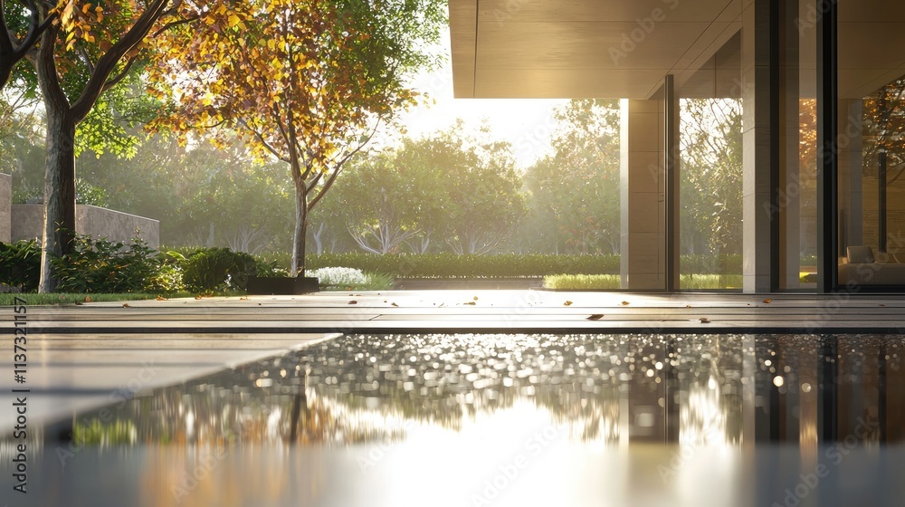 Poster a stunning modern house showcases a sleek design with large glass windows, creating a harmonious ble