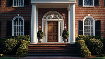 Obraz premium Traditional Front Door of Elegant Home with Large Columns and Clear Glass Windows