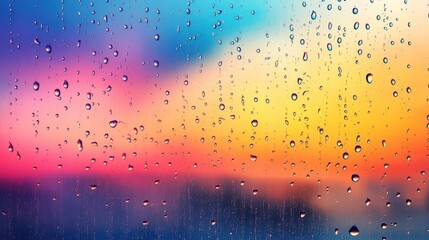 Slow-motion rain design. Colorful sunset blurred behind raindrops on glass.
