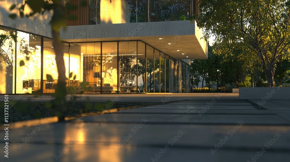 Poster a stunning modern house showcases a sleek design with large glass windows, creating a harmonious ble