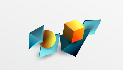 Abstract design showcasing isometric cubes, pyramids, squares, and spheres in a vibrant 3D layout. Modern and dynamic, perfect for tech, design, or futuristic themes