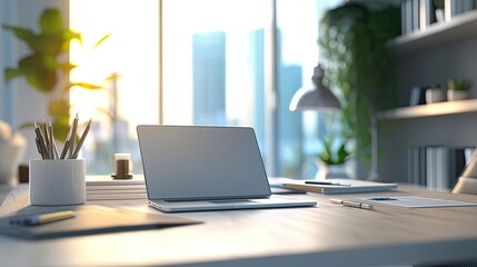 A dynamic business team collaborates in a modern office environment, engaging in a productive discussion with a laptop and various documents on the table.