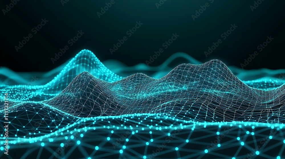 Poster abstract digital landscape with glowing lines and nodes representing data visualization in a dark en
