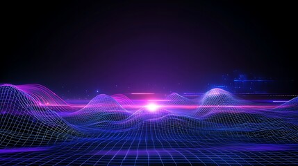 Abstract digital landscape with neon waves and grid pattern creating a futuristic technology scene at night