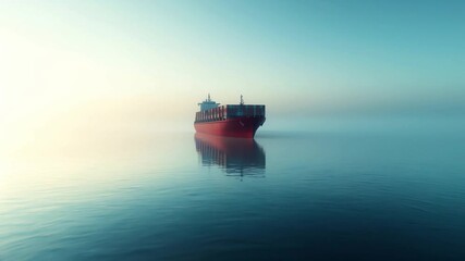 Red cargo ship moving slowly across calm water with a serene misty horizon and soft morning light