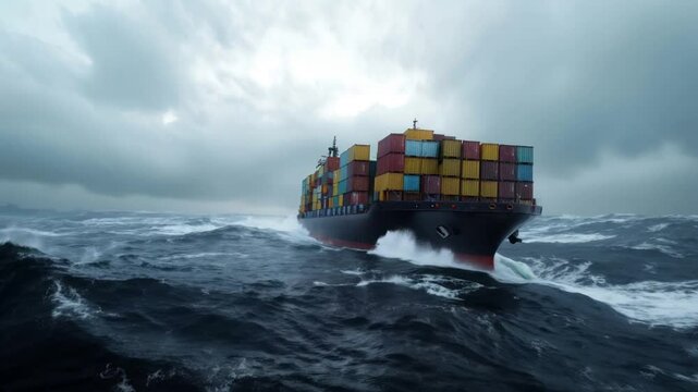Cargo ship navigating through rough ocean waves under a stormy sky