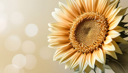 Fototapeta premium “Sunflower Field Close-Up on Solid Background” – A vibrant, detailed close-up of a sunflower with petals and seeds in focus, displayed against a solid pastel-yellow background, emphasizing natural bea