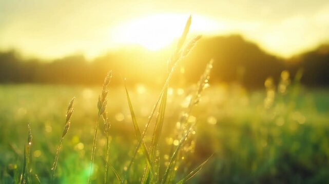Dew covered grass swaying gently in soft morning breeze with golden sunlight