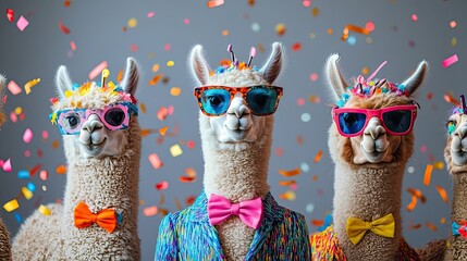 A humorous animal celebration, happy birthday, party, banner, and greeting card Isolated on a dark background, a group of alpacas wearing colorful suits, bow ties, and sunglasses