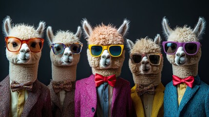 A humorous animal celebration, happy birthday, party, banner, and greeting card Isolated on a dark background, a group of alpacas wearing colorful suits, bow ties, and sunglasses