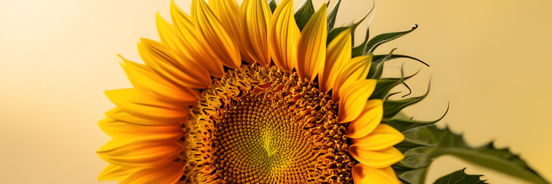 &ldquo;Sunflower Field Close-Up on Solid Background&rdquo; &ndash; A vibrant, detailed close-up of a sunflower with petals and seeds in focus, displayed against a solid pastel-yellow background, emphasizing natural bea