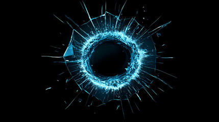 Bulletproof glass test result showing cracks and crater from a bullet hit, armor, protection, safety, security, shattered. Shattered. Illustration