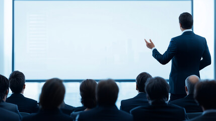 The Power of Presentation: A charismatic businessman delivers a compelling presentation to a captivated audience. The image captures the energy and focus of a successful business meeting. 