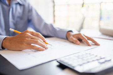 Architecture Man drawing on architectural Creative project business architecture building construction Industrial engineering Achievement Planning