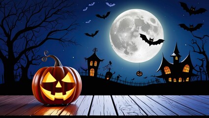 Fototapeta premium Halloween with a full moon, with a Jack-O'-lantern on a table in a spooky night by-gigapixel-art-scale-4_00x