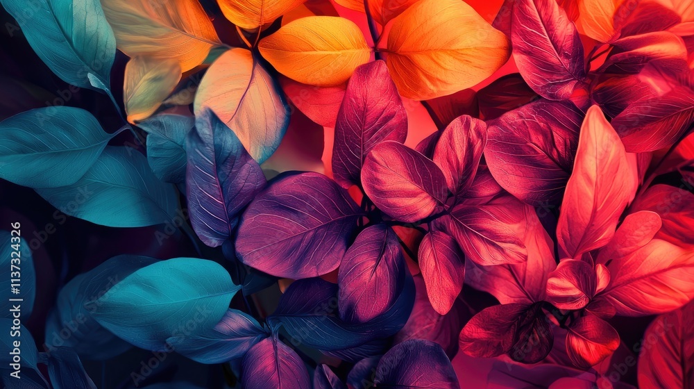 Poster Explore a stunning abstract representation of vibrant flowers and leaves, showcasing a unique blend of colors and artistic flair, ideal for modern spaces and creative ins